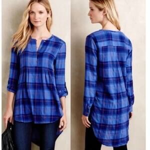 Holding Horses Halfpenny High Low Tunic Women's Medium Blue Plaid Popover Top